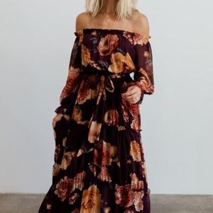 Isabel Eggplant Floral Off Shoulder Maxi Dress NWT